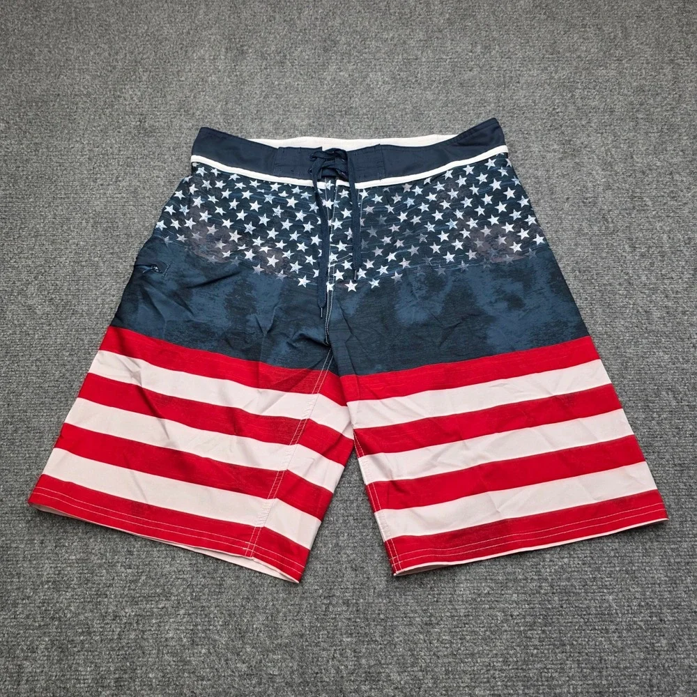 Burnside Mens Board‎ Shorts Size 34 American Flag Stars Stripes Swim Trunks Navy